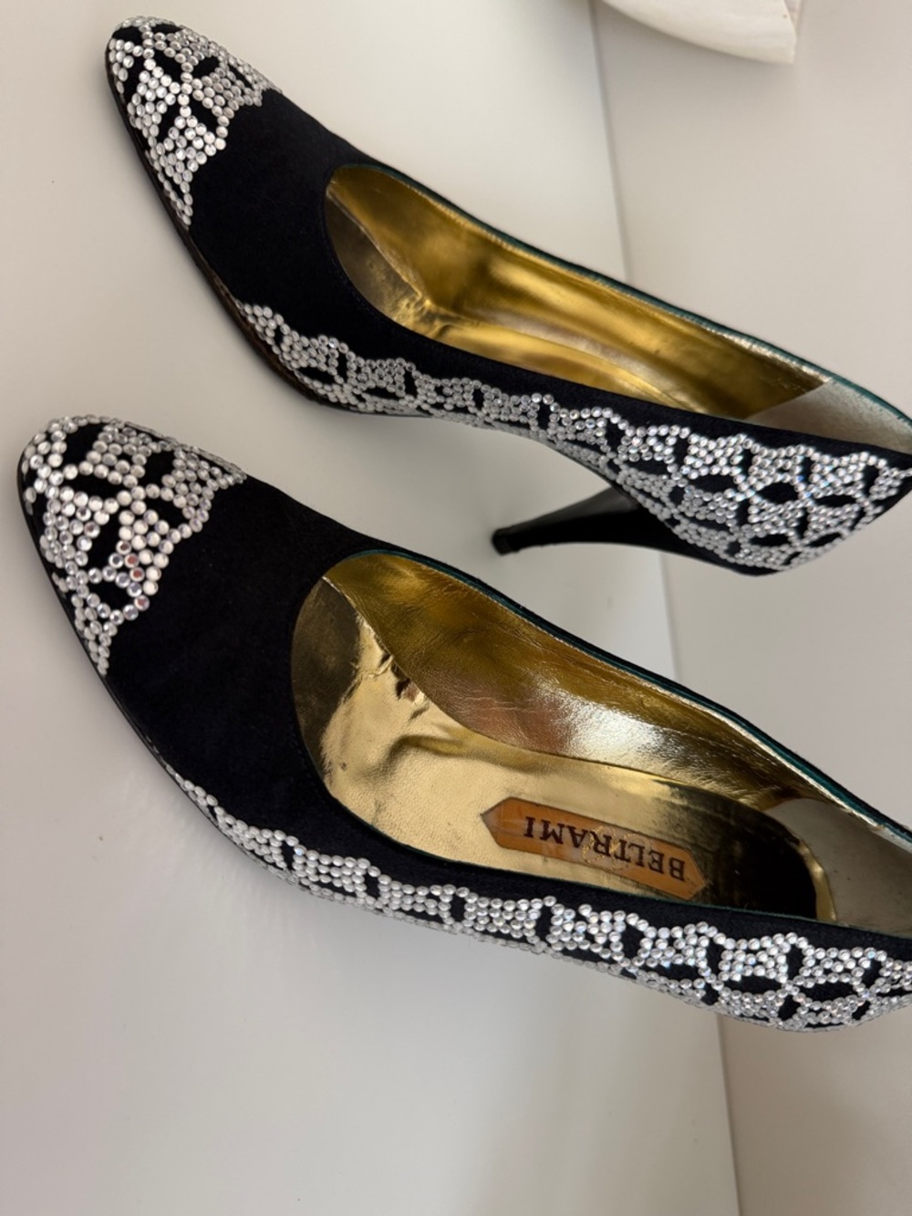 Black Crystal-Embellished Pointed Toe Heels